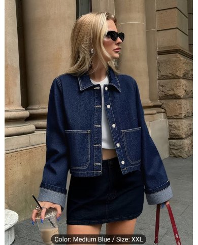 2026 New Arrival Women'S Premium Dark Blue Denim Jacket | Turn- Collar