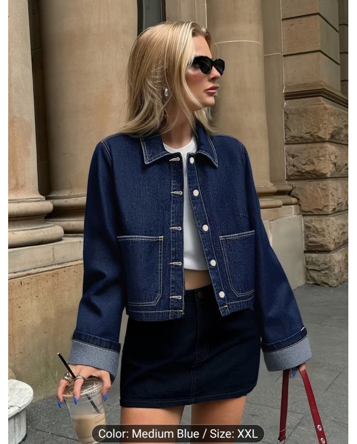 2026 New Arrival Women'S Premium Dark Blue Denim Jacket | Turn- Collar