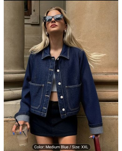2026 New Arrival Women'S Premium Dark Blue Denim Jacket | Turn- Collar