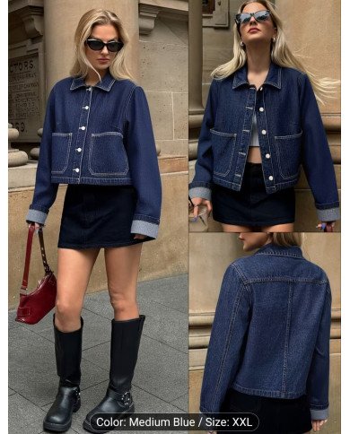 2026 New Arrival Women'S Premium Dark Blue Denim Jacket | Turn- Collar