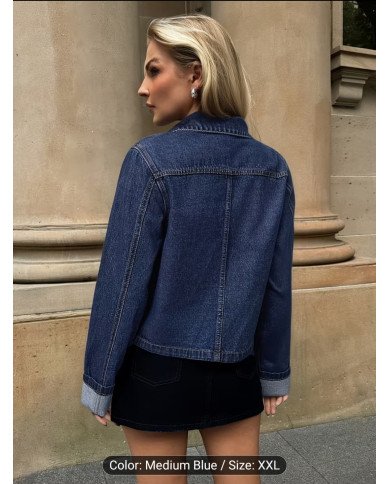 2026 New Arrival Women'S Premium Dark Blue Denim Jacket | Turn- Collar