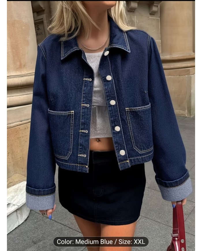 2026 New Arrival Women'S Premium Dark Blue Denim Jacket | Turn- Collar