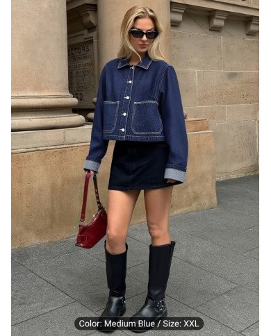 2026 New Arrival Women'S Premium Dark Blue Denim Jacket | Turn- Collar