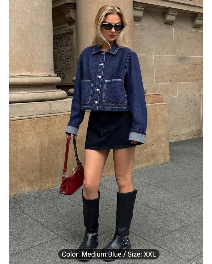 2026 New Arrival Women'S Premium Dark Blue Denim Jacket | Turn- Collar