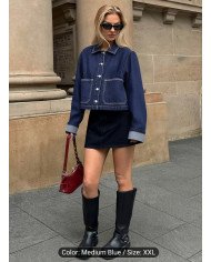 2026 New Arrival Women'S Premium Dark Blue Denim Jacket | Turn- Collar