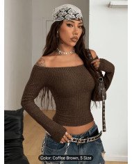 Women'S Off-The-Shoulder Long-Sleeved Gray And Black Striped Retro T-Shirt, Suitable for Daily Wear And Going Out