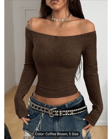 Women'S Off-The-Shoulder Long-Sleeved Gray And Black Striped Retro T-Shirt, Suitable for Daily Wear And Going Out