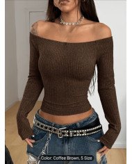 Women'S Off-The-Shoulder Long-Sleeved Gray And Black Striped Retro T-Shirt, Suitable for Daily Wear And Going Out