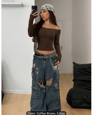 Women'S Off-The-Shoulder Long-Sleeved Gray And Black Striped Retro T-Shirt, Suitable for Daily Wear And Going Out