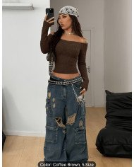 Women'S Off-The-Shoulder Long-Sleeved Gray And Black Striped Retro T-Shirt, Suitable for Daily Wear And Going Out