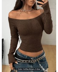 Women'S Off-The-Shoulder Long-Sleeved Gray And Black Striped Retro T-Shirt, Suitable for Daily Wear And Going Out