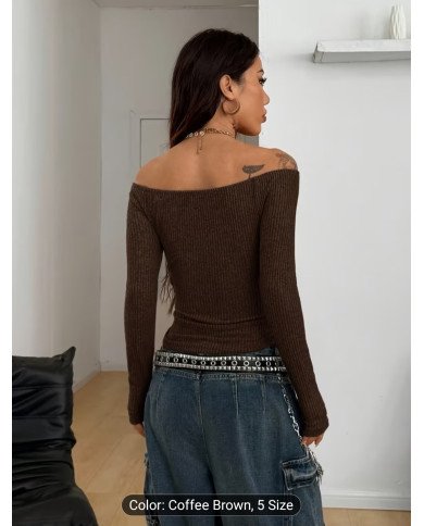 Women'S Off-The-Shoulder Long-Sleeved Gray And Black Striped Retro T-Shirt, Suitable for Daily Wear And Going Out