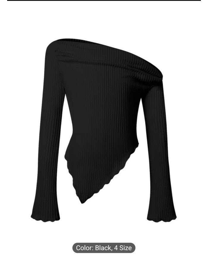 Youth Girls' Casual T-Shirt, Y2K Asymmetrical Neck Lettuce Trim Top