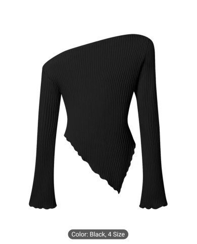 Youth Girls' Casual T-Shirt, Y2K Asymmetrical Neck Lettuce Trim Top