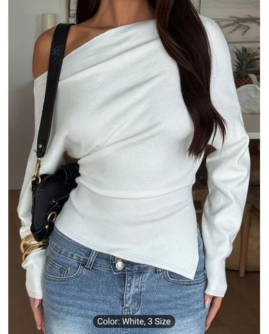 IAEY Solid Color Asymmetrical Long Sleeve Split Off-Shoulder Elegant Basic Casual Versatile Spring/Summer T-Shirt for Women,