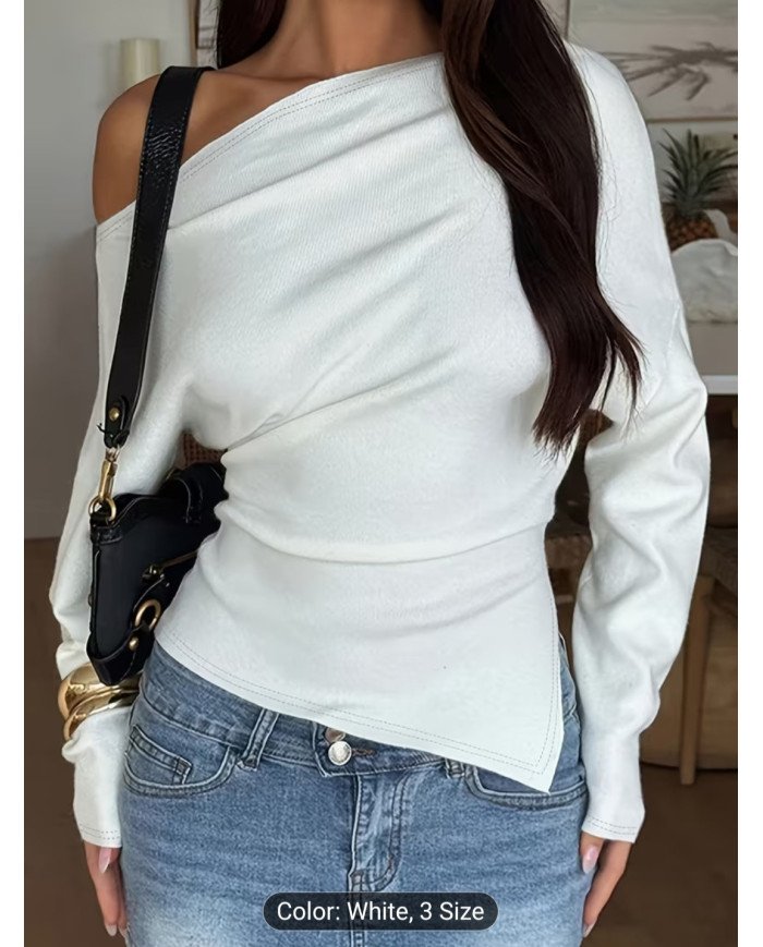 IAEY Solid Color Asymmetrical Long Sleeve Split Off-Shoulder Elegant Basic Casual Versatile Spring/Summer T-Shirt for Women,