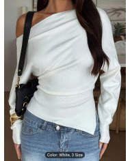 IAEY Solid Color Asymmetrical Long Sleeve Split Off-Shoulder Elegant Basic Casual Versatile Spring/Summer T-Shirt for Women,