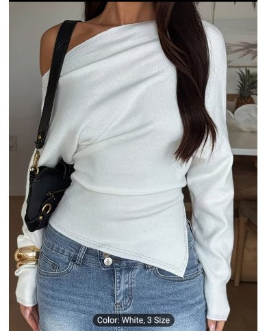 IAEY Solid Color Asymmetrical Long Sleeve Split Off-Shoulder Elegant Basic Casual Versatile Spring/Summer T-Shirt for Women,