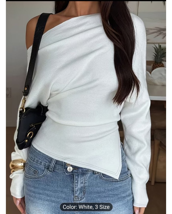 IAEY Solid Color Asymmetrical Long Sleeve Split Off-Shoulder Elegant Basic Casual Versatile Spring/Summer T-Shirt for Women,