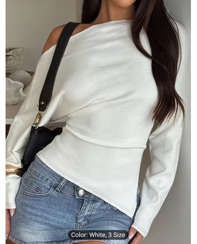 IAEY Solid Color Asymmetrical Long Sleeve Split Off-Shoulder Elegant Basic Casual Versatile Spring/Summer T-Shirt for Women,