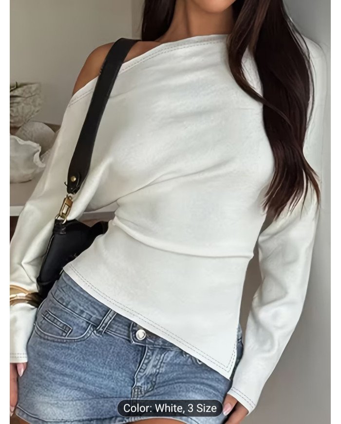 IAEY Solid Color Asymmetrical Long Sleeve Split Off-Shoulder Elegant Basic Casual Versatile Spring/Summer T-Shirt for Women,