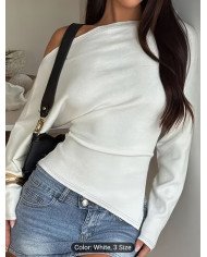 IAEY Solid Color Asymmetrical Long Sleeve Split Off-Shoulder Elegant Basic Casual Versatile Spring/Summer T-Shirt for Women,