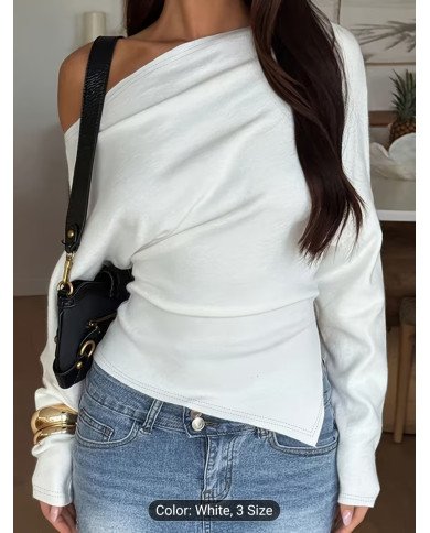 IAEY Solid Color Asymmetrical Long Sleeve Split Off-Shoulder Elegant Basic Casual Versatile Spring/Summer T-Shirt for Women,