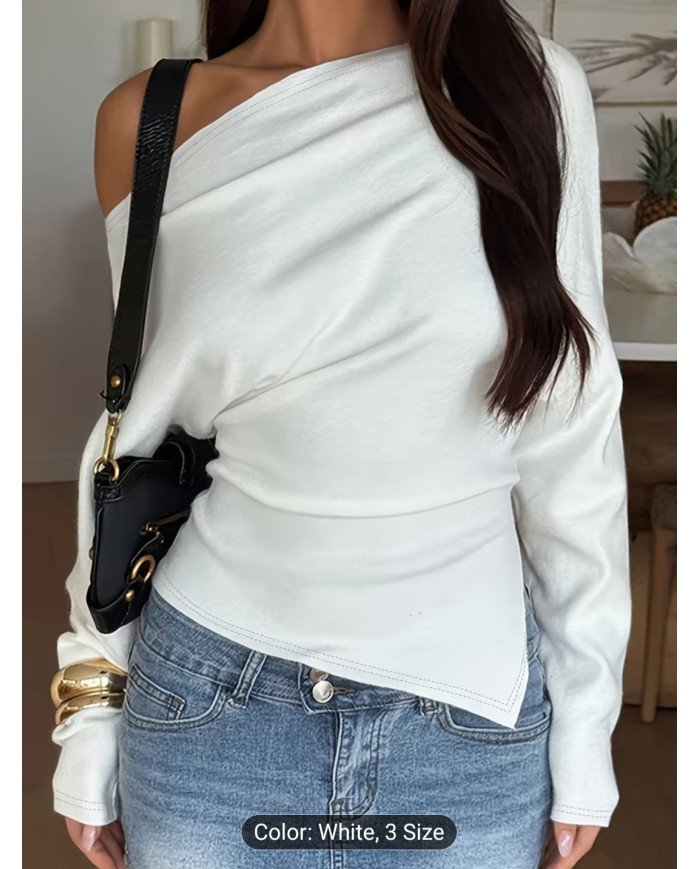 IAEY Solid Color Asymmetrical Long Sleeve Split Off-Shoulder Elegant Basic Casual Versatile Spring/Summer T-Shirt for Women,