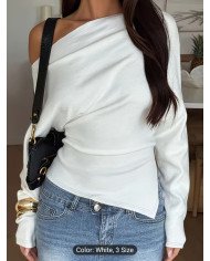 IAEY Solid Color Asymmetrical Long Sleeve Split Off-Shoulder Elegant Basic Casual Versatile Spring/Summer T-Shirt for Women,