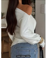 IAEY Solid Color Asymmetrical Long Sleeve Split Off-Shoulder Elegant Basic Casual Versatile Spring/Summer T-Shirt for Women,