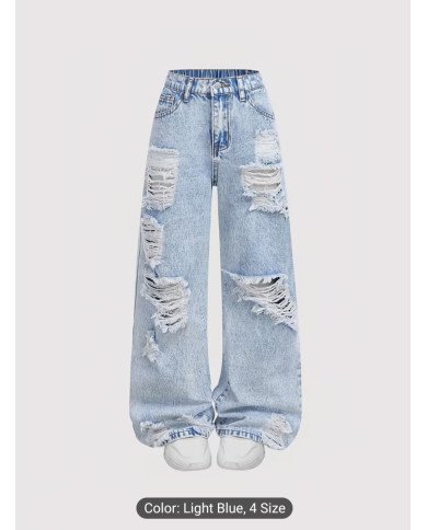 Girl's Light Blue Wide-leg Pants, Distressed Design, Classic Loose Straight-leg Fit, Built-in Zipper