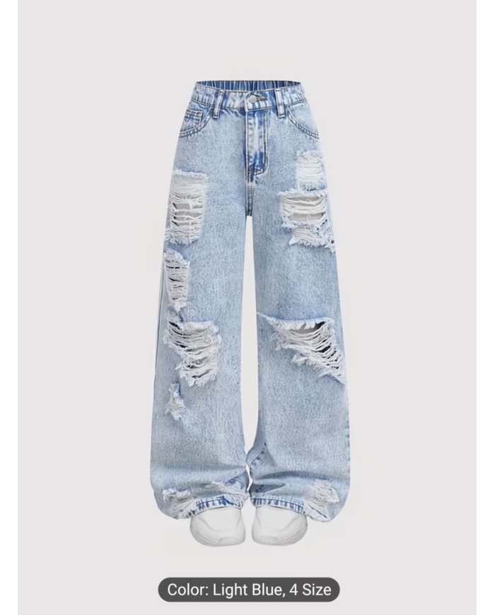 Girl's Light Blue Wide-leg Pants, Distressed Design, Classic Loose Straight-leg Fit, Built-in Zipper