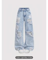 Girl's Light Blue Wide-leg Pants, Distressed Design, Classic Loose Straight-leg Fit, Built-in Zipper