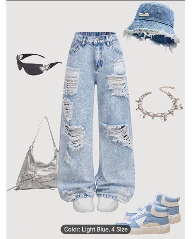 Girl's Light Blue Wide-leg Pants, Distressed Design, Classic Loose Straight-leg Fit, Built-in Zipper