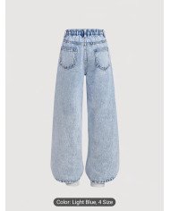 Girl's Light Blue Wide-leg Pants, Distressed Design, Classic Loose Straight-leg Fit, Built-in Zipper