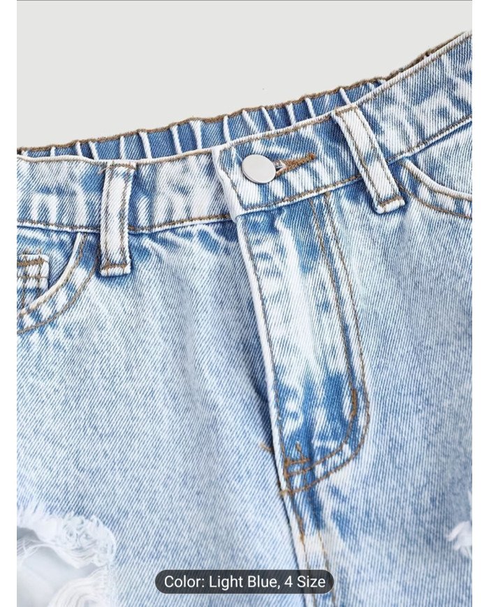 Girl's Light Blue Wide-leg Pants, Distressed Design, Classic Loose Straight-leg Fit, Built-in Zipper