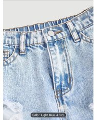 Girl's Light Blue Wide-leg Pants, Distressed Design, Classic Loose Straight-leg Fit, Built-in Zipper