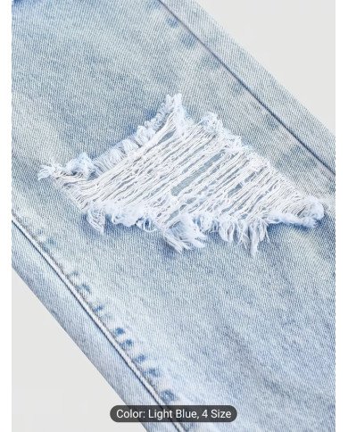 Girl's Light Blue Wide-leg Pants, Distressed Design, Classic Loose Straight-leg Fit, Built-in Zipper