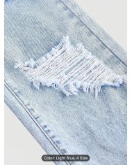 Girl's Light Blue Wide-leg Pants, Distressed Design, Classic Loose Straight-leg Fit, Built-in Zipper