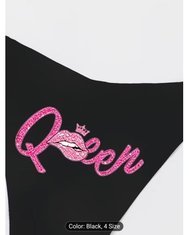 Women's Sexy Black Slim-fit Comfortable Breathable Panties with Playful Pink Lip Print,