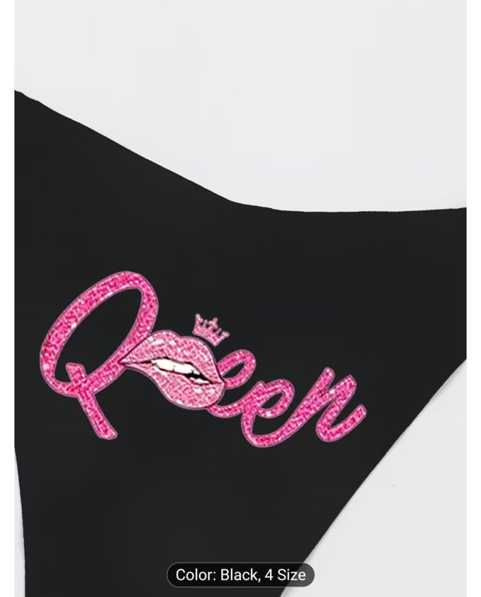 Women's Sexy Black Slim-fit Comfortable Breathable Panties with Playful Pink Lip Print,