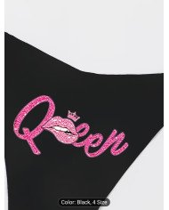 Women's Sexy Black Slim-fit Comfortable Breathable Panties with Playful Pink Lip Print,