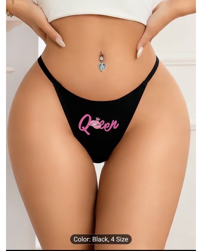 Women's Sexy Black Slim-fit Comfortable Breathable Panties with Playful Pink Lip Print,