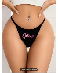 Women's Sexy Black Slim-fit Comfortable Breathable Panties with Playful Pink Lip Print,
