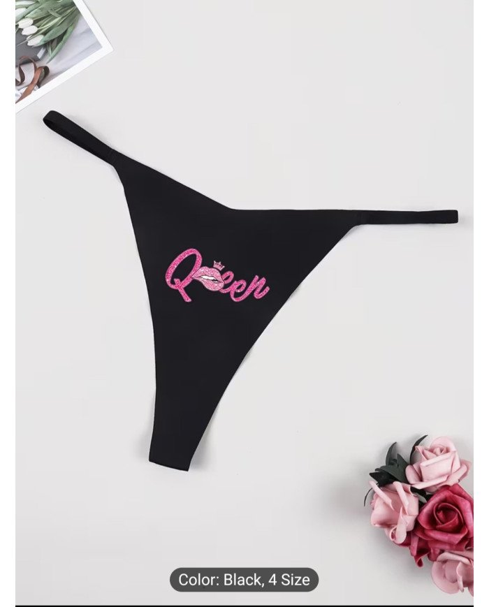 Women's Sexy Black Slim-fit Comfortable Breathable Panties with Playful Pink Lip Print,