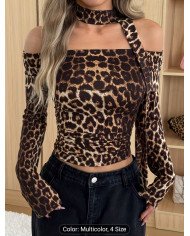 Spring Fashion Leopard Print Ruffled Off-Shoulder Tight T-Shirt