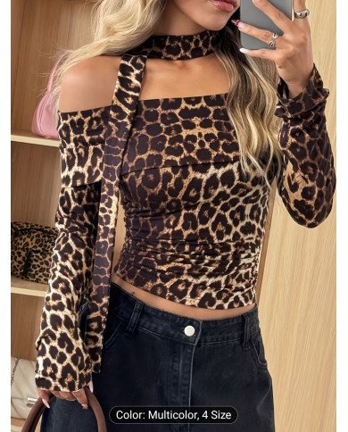 Spring Fashion Leopard Print Ruffled Off-Shoulder Tight T-Shirt