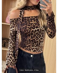 Spring Fashion Leopard Print Ruffled Off-Shoulder Tight T-Shirt