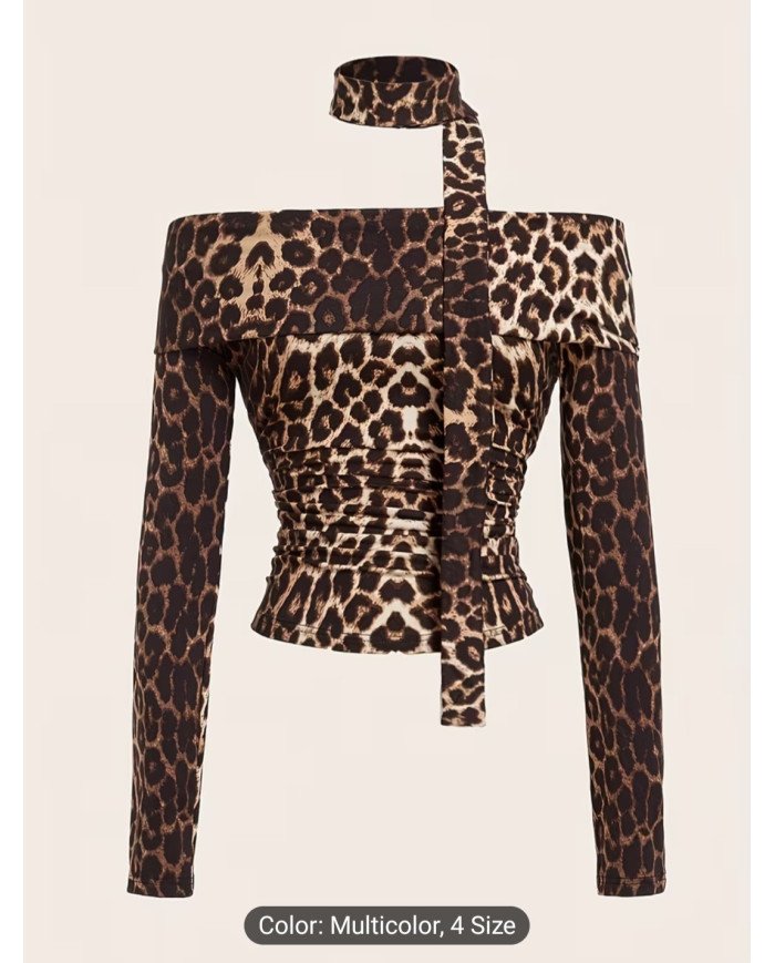 Spring Fashion Leopard Print Ruffled Off-Shoulder Tight T-Shirt