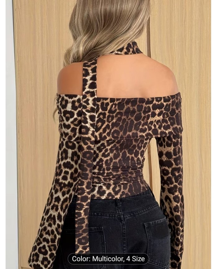 Spring Fashion Leopard Print Ruffled Off-Shoulder Tight T-Shirt